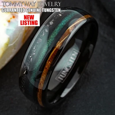 Black Tungsten Carbide Green Sand Whiskey Barrel Wood Faux Meteorite Band Ring - Image 1 of 4