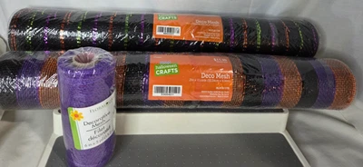 3 Halloween Fall Deco Mesh Ribbon(2)21" Roll & (1) 5.5''Roll Black Purple Orange - Image 1 of 4