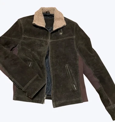 Mens Brown Suede Distressed Jacket With Sherpa Collar Medium Weight Size M - Image 1 of 4
