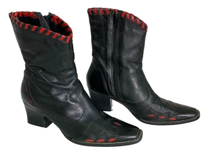 Vintage Directives Women's 6M Black Red Leather Booties Ankle Zip Made In Brazil - Image 1 of 4