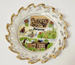 Vtg Arizona Travel Souvenir Plate reticulated rounded sawtooth edge Gold detail - Picture 1 of 12