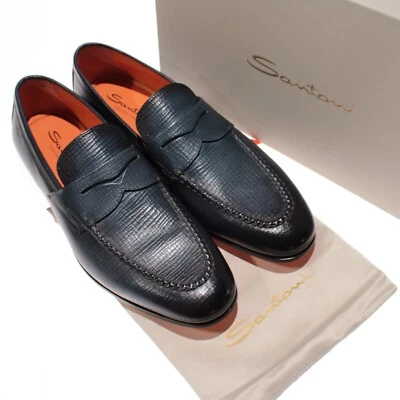 Mocassim Santoni novo com etiquetas tamanho 10 EUA 11 em couro azul feito na Itália - Imagem 1 de 4