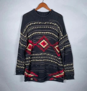 VTG Aztec Chunky Knit Rollneck Sweater Women's XL Black Red Southwestern - Picture 1 of 13