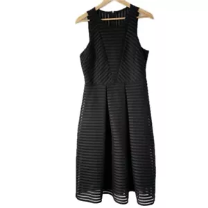 Belle Badgley Mischka Pleated Fit and Flare Dress Black Mesh Stripe Women’s 10 - Picture 1 of 9