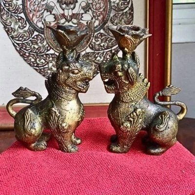 Rare Vintage Pair Foo Dog  Candle Holder Thai Lion Singha Guardian Statue Bronze - Image 1 of 4