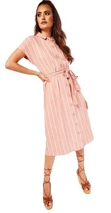 SALE PLUS SIZE 20 DUSTY PINK WHITE STRIPE MIDI SHIRT DRESS BUTTON & BELT - Picture 1 of 11