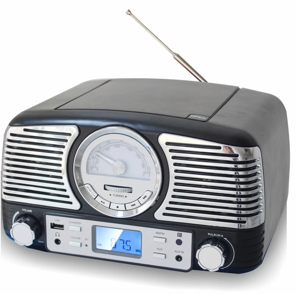 TECHPLAY QT62BT BK BLUETOOTH RETRO SHELF STEREO CD AM FM RADIO USB CLOCK BLACK - Image 1 of 4