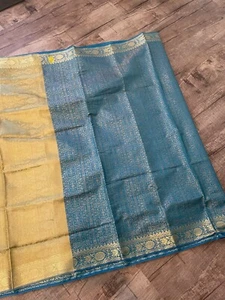 Indian Women's NEW Brocade Artificial Silk Sari SAREE Blue w/GOLDEN Border 1001 - Picture 1 of 11