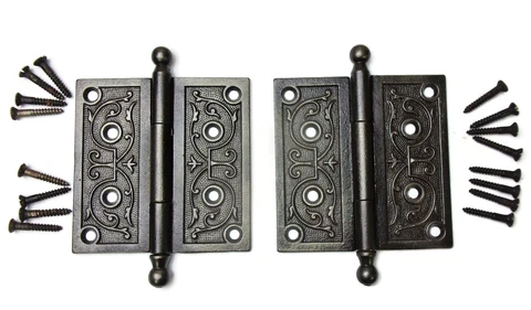 Pair Antique Ornate Eastlake Victorian Ball Pin Door Hinges 4.5" x 4.5" Cover