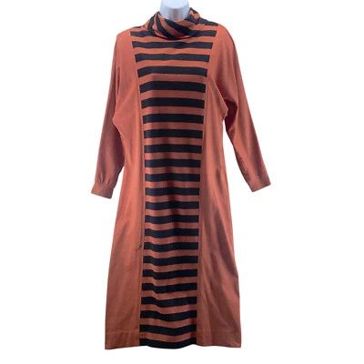 Vestido Henry Lee Vintage Talla 10 Naranja Quemado Negro Rayas Midi Cuello Alto Túnica Foto 1 de 4