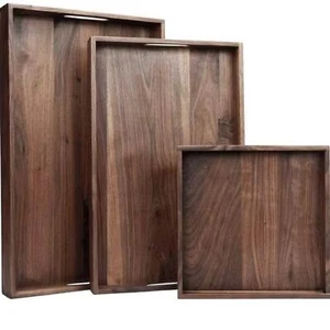 Magigo Set of 3 Large Solid Black Walnut Wood Ottoman Tray with Handles - Picture 1 of 10
