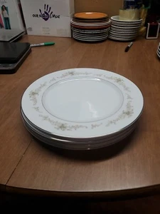4 Sango CAROUSEL  10 5/8" DINNER PLATES PLATINUM TRIM Euc Bin 63 - Picture 1 of 5