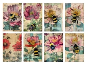 8 Bees And Flowers Tags Junk Journal Scrapbook USA Seller - Picture 1 of 1