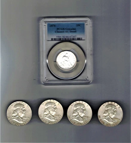 1876 US GENUINE 25C SILVER COIN AU, PLUS 4 FREE 1962-D SILVER .50 C COINS, CIR Cover