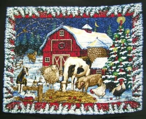 CHRISTMAS BARN WITH ANIMALS & SNOW BORDER ~ 100% Cotton Quilt Fabric PANEL - Picture 1 of 1