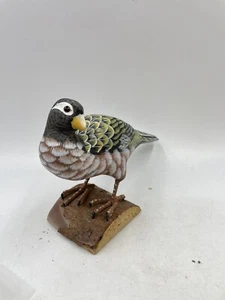 Pheasant Quail Bird Perched On Wood Base Brown Yellow Hand Carved Wood - Picture 1 of 16