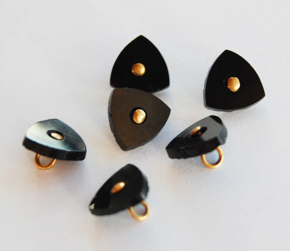 VINTAGE ANTIQUE JET BLACK GLASS BUTTON or BEAD TINY SMALL •  9mm TRIANGLE  - Image 1 of 3