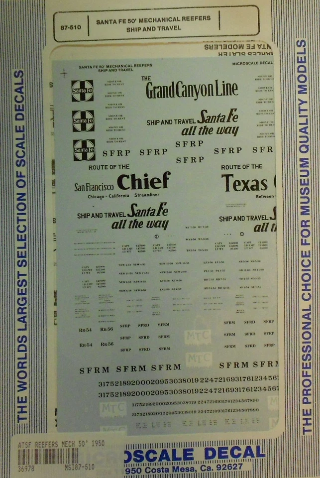Microescala 87-510 HO Santa Fe 50"" Reefers Mecánicos Envío y Viaje Calcomanía Shee Foto 1 de 1