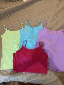 Pre Loved Lot  4 Justice Camis W/ Built In Bra In Lime Purple Pink Aqua Sz 12 - Picture 1 of 3