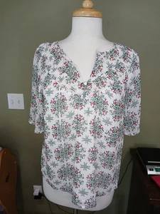 Ann Taylor LOFT Small White Floral Short Sleeve Sheer Shirt V Neck Lined - Picture 1 of 12