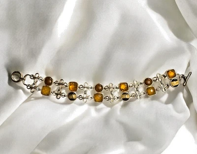 Brazalete de eslabones de vidrio ámbar tono dorado vintage - 8 pulgadas Foto 1 de 4