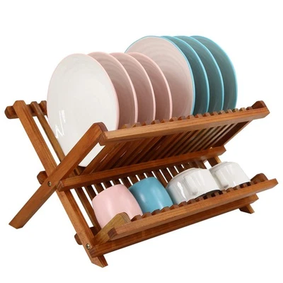 UTOPLIKE Collapsible 2-Tier Teak Dish Rack - Foldable Kitchen Organizer