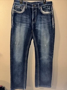 GS115 Republic Distressed Men's Blue Jeans 34x32 Embroidered Pockets - Picture 1 of 4
