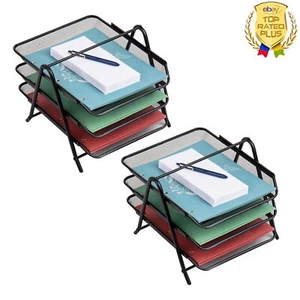 3-Tier Paper Tray File Storage Desktop Organizer Metal Mesh Rubber Feet Set 2 - Picture 1 of 8