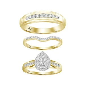 Diamond Trio Set His Her Wedding Ring Engagement Pear Shape 10k Gold 0.50cttw - Picture 1 of 1