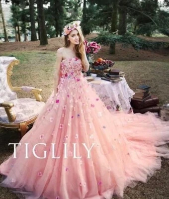 Vestido de novia personalizado de tul melocotón con apliques florales de quinceañera talla L/XL Foto 1 de 4