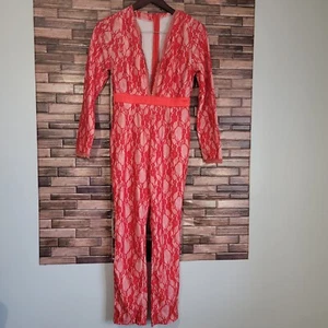 Angel Brinks jumpsuit Bodysuit Size Large Red Lace Long Sleeves V Neck New - Picture 1 of 9