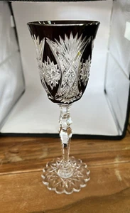 Val St Lambert Crystal Wine Glass Dark Maroon Cut to Clear Snowflake Base 8.25" - Picture 1 of 10