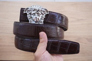 W 1.5" Brown Alligator Crocodile Print Leather Men's Belt + Buckle - Picture 1 of 10