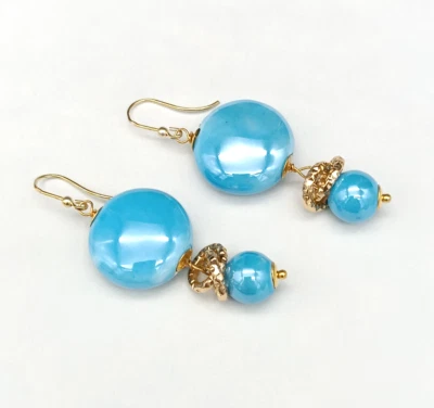 Orecchini donna pendenti  turchese monachella argento 925 placcato oro ceramica - Immagine 1 di 4