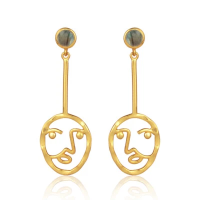 Labradorite Gemstone 925 Silver Gold Plated Face Designer Dangle Earrings - Image 1 of 4