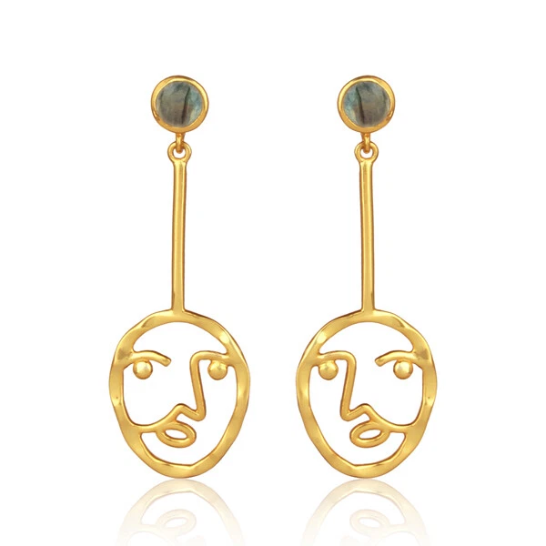Pendientes colgantes de diseño facial enchapados en oro de plata 925 con piedras preciosas de labradorita Foto 1 de 4
