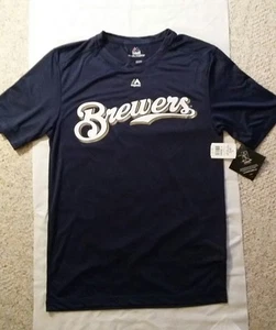Majestic Milwaukee Brewers T-Shirt MLB-BRAUN 8-NAVY COOL BASE MEN'S SIZE SMALL - Picture 1 of 5