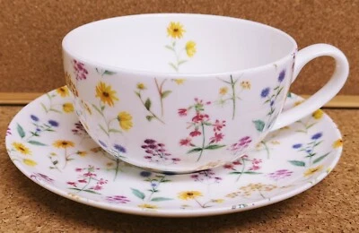 Meadow Flowers Cup Saucer Bone China Cappuccino Latte Bright Floral Set Decor UK - Image 1 of 4