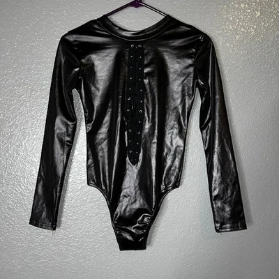 Черный искусственной кожи длинным рукавом боди молнии назад блестящий эластичной верхний размер S - Изображение 1 из 4