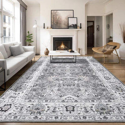 8X10 Grey Washable Area Living Room Rugs,Bedroom Rugs Non Slip Vintage Neutral,  - Image 1 of 4