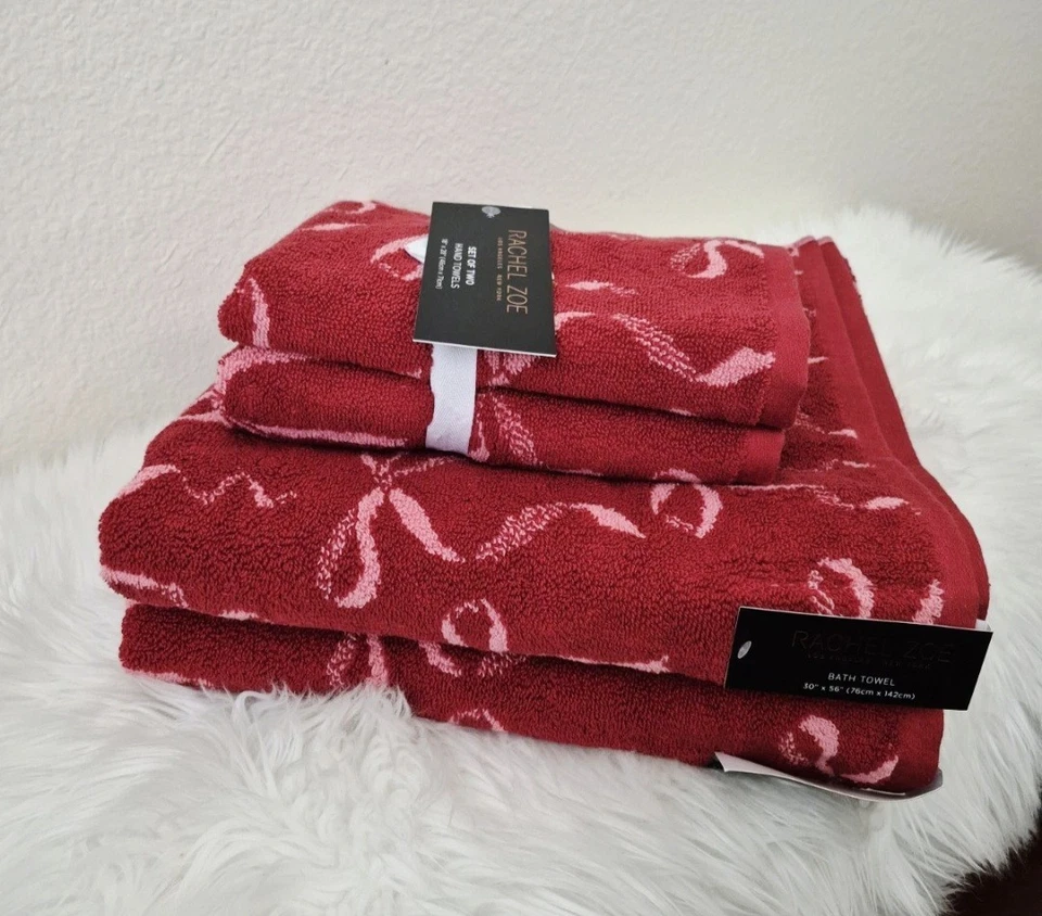 Juego de Toallas de Baño Rachel Zoe 4 Piezas Baño y Mano Cinta Rosa y Roja NUEVO Navidad Foto 1 de 4