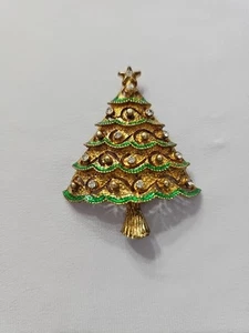 Spilla albero di Natale vintage Einstein ghiaccio strass smalto verde tono oro. - Foto 1 di 7