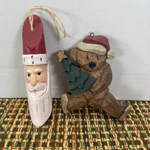 Vintage Santa Claus & Bear Christmas Ornament Wood Hand Carved Unique Primitive - Picture 1 of 4