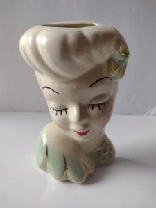 Vintage Art Deco Head Vase Wall Pocket Glamour Girl 6" Green/Gold - USA - Bild 1 von 3