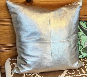 Ralph Lauren Silber Metallic Leder Dekokissen 18" Quadrat mit Einsatz LRL - Bild 1 von 7