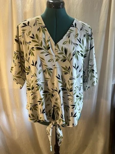 Camicetta verde con stampa foglia e cravatta davanti - Taglia L (22" da pozzo a pozzo) - Foto 1 di 6