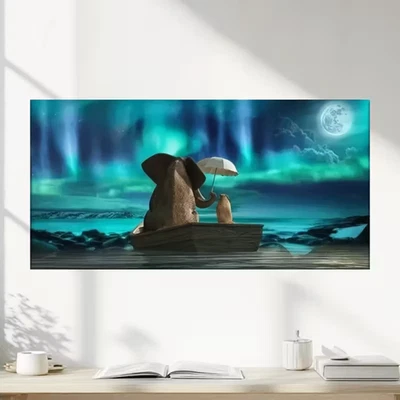 Elephant on Wooden Boat with Umbrella Unframed Canvas Painting for Living - Image 1 of 4