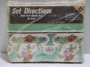 NEW VINTAGE BEIGE FLORAL TWIN BED SHEET SET MADE IN SPAIN SET DIRECTIONS - Picture 1 of 5