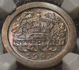 1907 Netherlands 5 cents NGC MS 66 purple/magenta toning NG0014