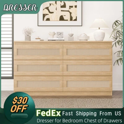 6 Drawers Double Dresser for Bedroom Rattan Chest of Wooden Dressers Modern - Image 1 of 4